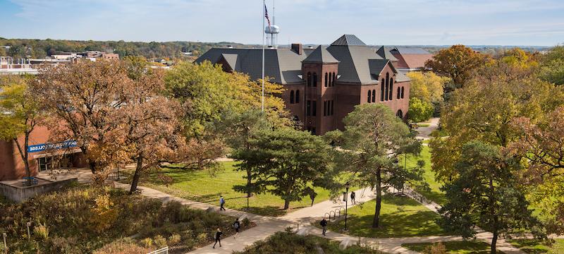 Overhead image of the academic side of campus looking at Pearsons.